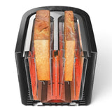 Taghareed black 2-slice toaster with wide slots, 7 browning levels, reheat, defrost, and bun rack functions.