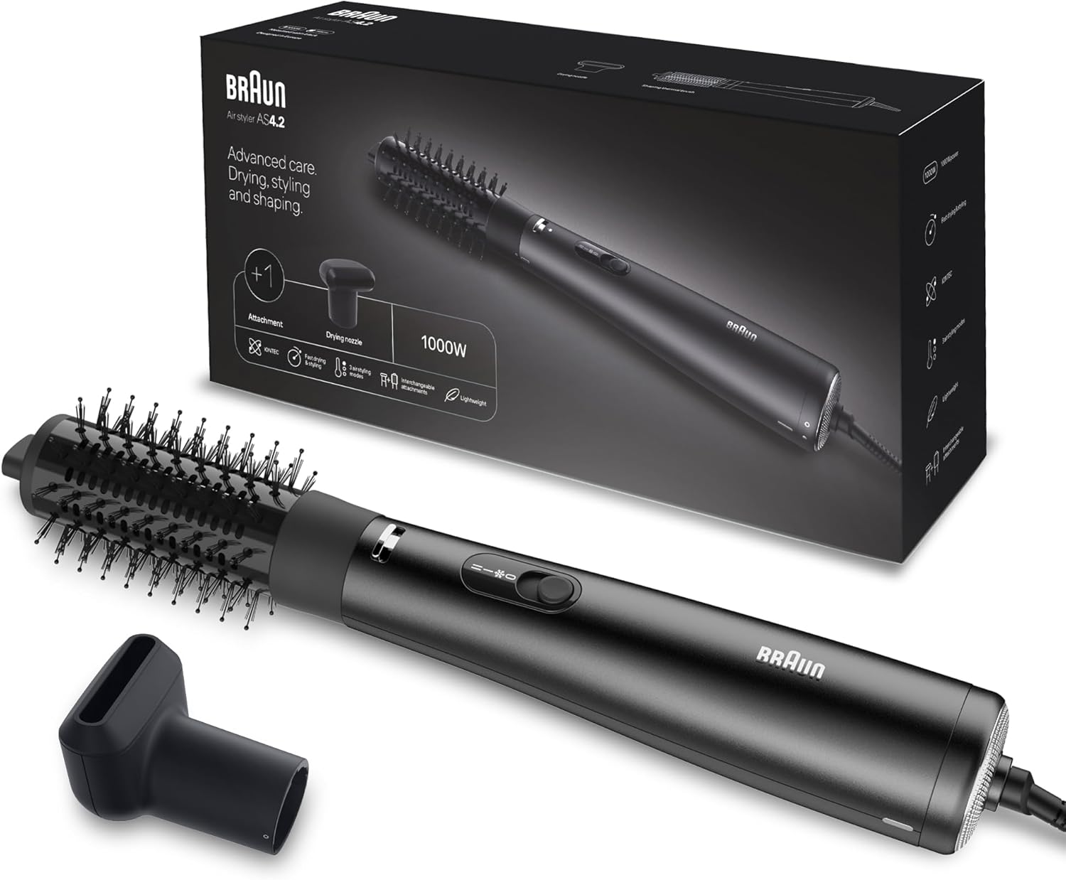 Taghareed Braun Air Styler AS4.2 with 1000W ionic technology, 38mm hot brush, and drying nozzle.