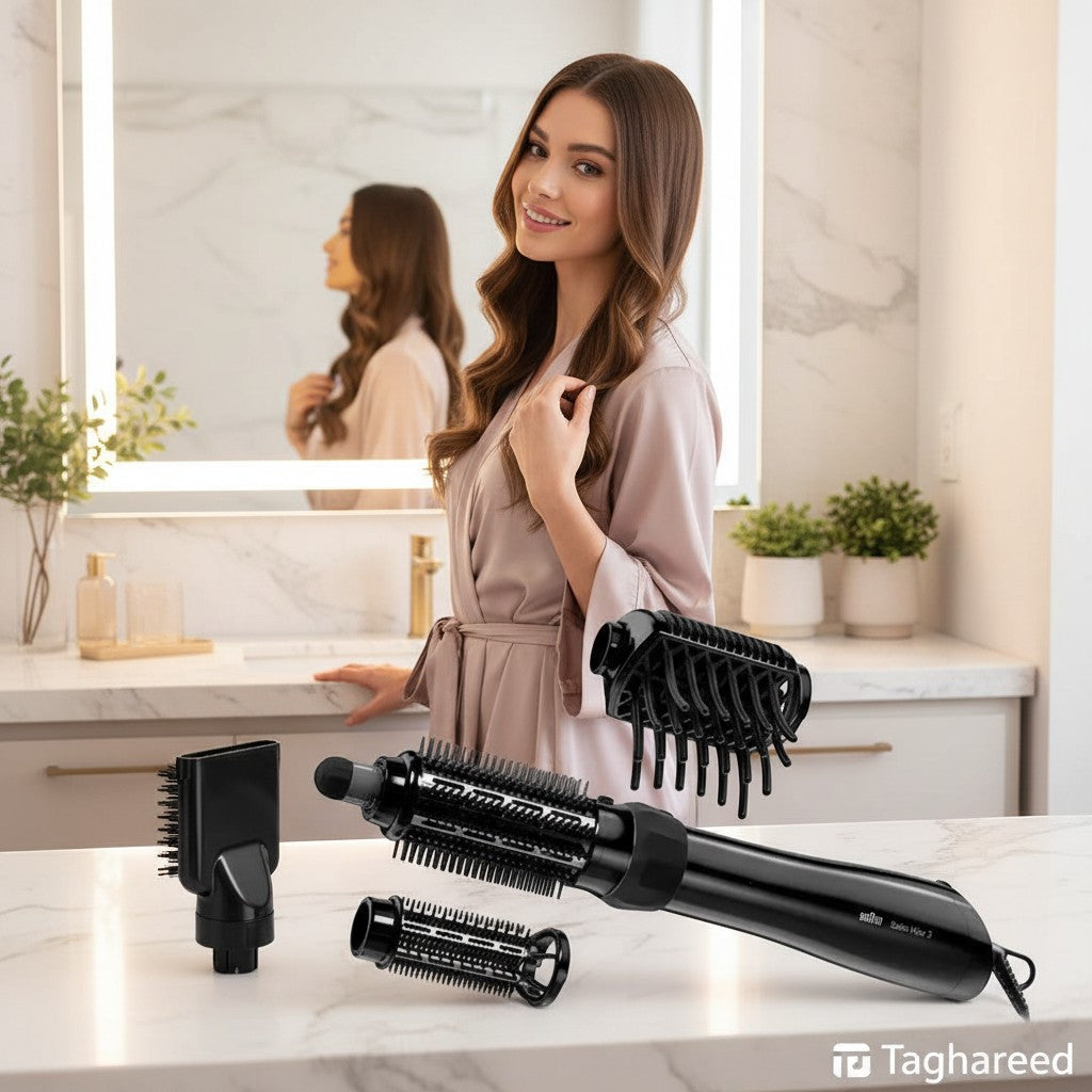 Taghareed Braun Satin Hair 5 AS530 black 1000W airstyler with multiple attachments for volumizing and styling.