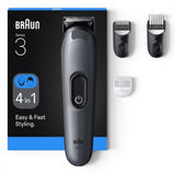 Braun Series 3 All-in-One Style Kit 3500, a 4-in-1 cordless trimmer for beard, hair, and stubble. Includes multiple attachments.