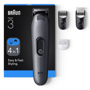 Braun Series 3 All-in-One Style Kit 3500, a 4-in-1 cordless trimmer for beard, hair, and stubble. Includes multiple attachments.