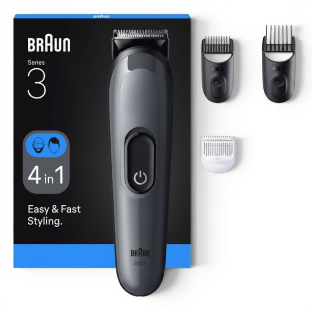 Braun Series 3 All-in-One Style Kit 3500, a 4-in-1 cordless trimmer for beard, hair, and stubble. Includes multiple attachments.