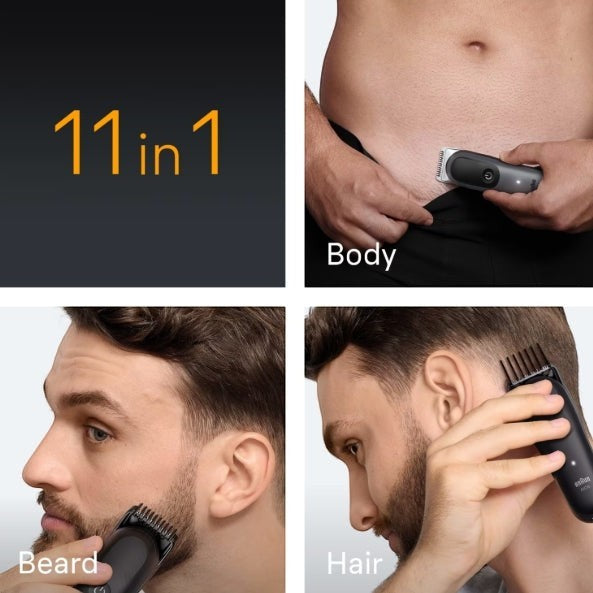 Braun All-in-One Style Kit Series 5 5560, 11-in-1 grooming kit for beard, body, and hair trimming. Black and grey.