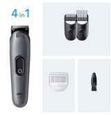 Braun All-in-One Style Kit Series 3 3500, 4-in-1 grooming tool with trimmer, adjustable combs, and cleaning brush.