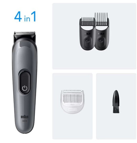 Braun All-in-One Style Kit Series 3 3500, 4-in-1 grooming tool with trimmer, adjustable combs, and cleaning brush.