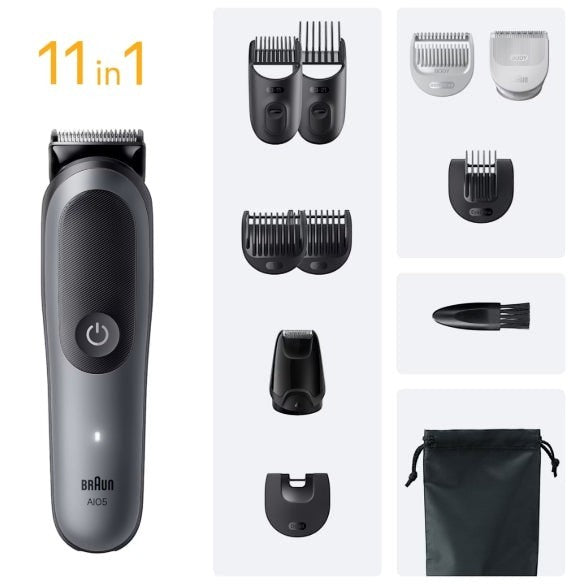 Braun All-in-One Style Kit Series 5 5560, 11-in-1 grooming kit with multiple attachments and storage bag.