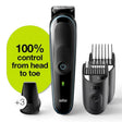 Taghareed Braun All-in-One Trimmer 7-in-1 MGK3245, black with blue accents, includes multiple comb attachments for beard and hair trimming.