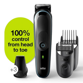 Taghareed Braun All-in-One Trimmer 7-in-1 MGK3245, black with blue accents, includes multiple comb attachments for beard and hair trimming.