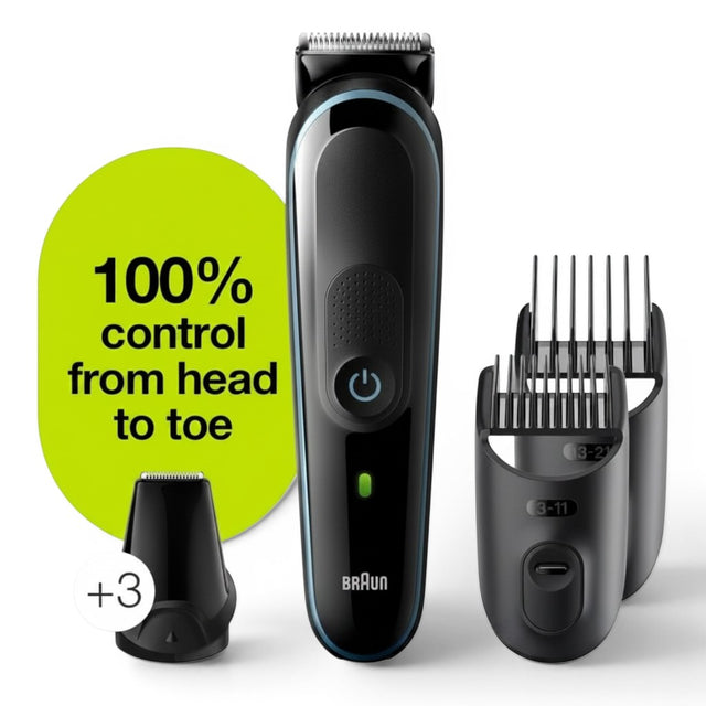 Taghareed Braun All-in-One Trimmer 7-in-1 MGK3245, black with blue accents, includes multiple comb attachments for beard and hair trimming.