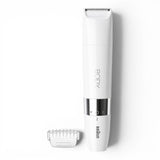 Taghareed Braun Body Mini Trimmer BS1000, a white, portable, waterproof electric trimmer with a precision head and included comb attachment.
