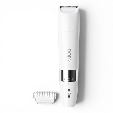 Taghareed Braun Body Mini Trimmer BS1000, a white, portable, waterproof electric trimmer with a precision head and included comb attachment.