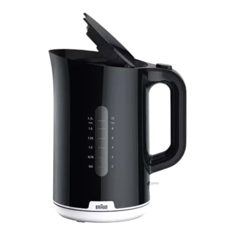 Taghareed Braun Breakfast1 black 1.7L electric kettle with 2200W power and water level indicator.