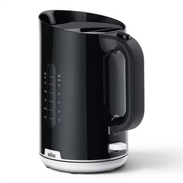 Taghareed Braun Breakfast1 black 1.7L electric kettle with 2200W power and water level indicator.