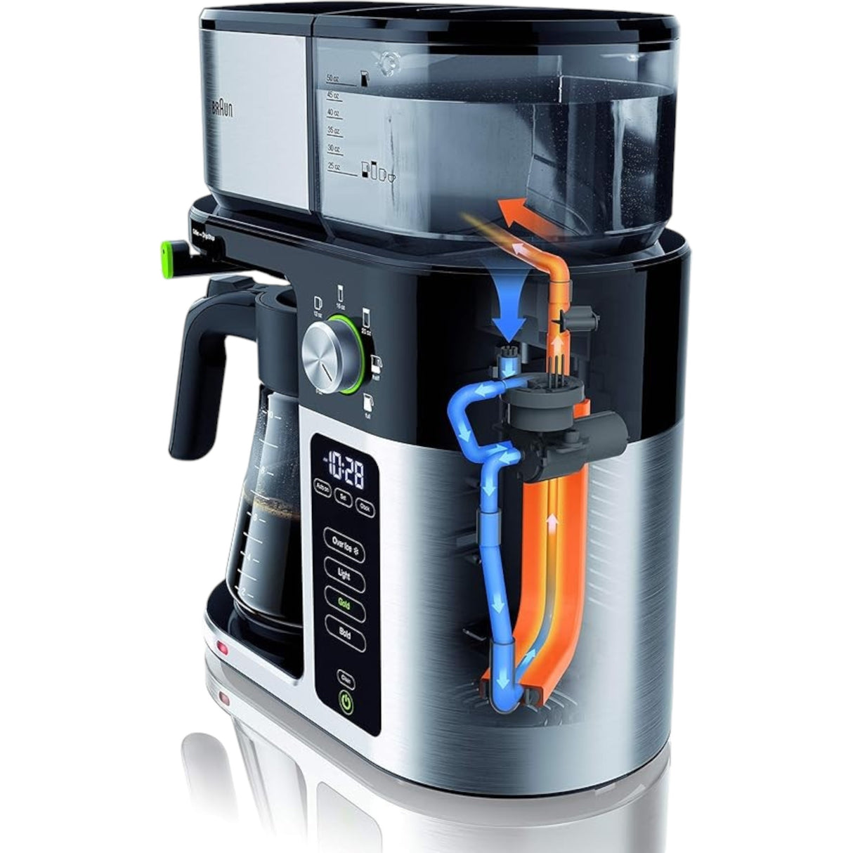Taghareed Braun BrewSense Drip Coffee Maker KF9050BK, black and stainless steel, with digital display and brew strength options.