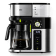 Taghareed Braun BrewSense Drip Coffee Maker KF9050BK, black and stainless steel, with glass carafe and digital display showing brew strength options.