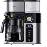 Taghareed Braun BrewSense Drip Coffee Maker KF9050BK, black and stainless steel, with glass carafe and digital controls for brew strength and size.