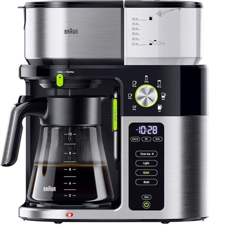 Taghareed Braun BrewSense Drip Coffee Maker KF9050BK, black and stainless steel, with glass carafe and digital controls for brew strength and size.