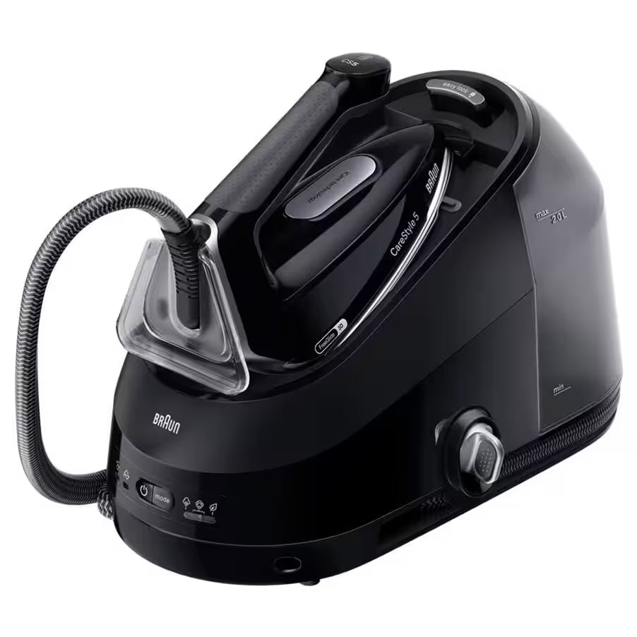 Taghareed Braun CareStyle 5 IS5249BK black steam generator iron with 2L water tank and FreeGlide 3D soleplate.