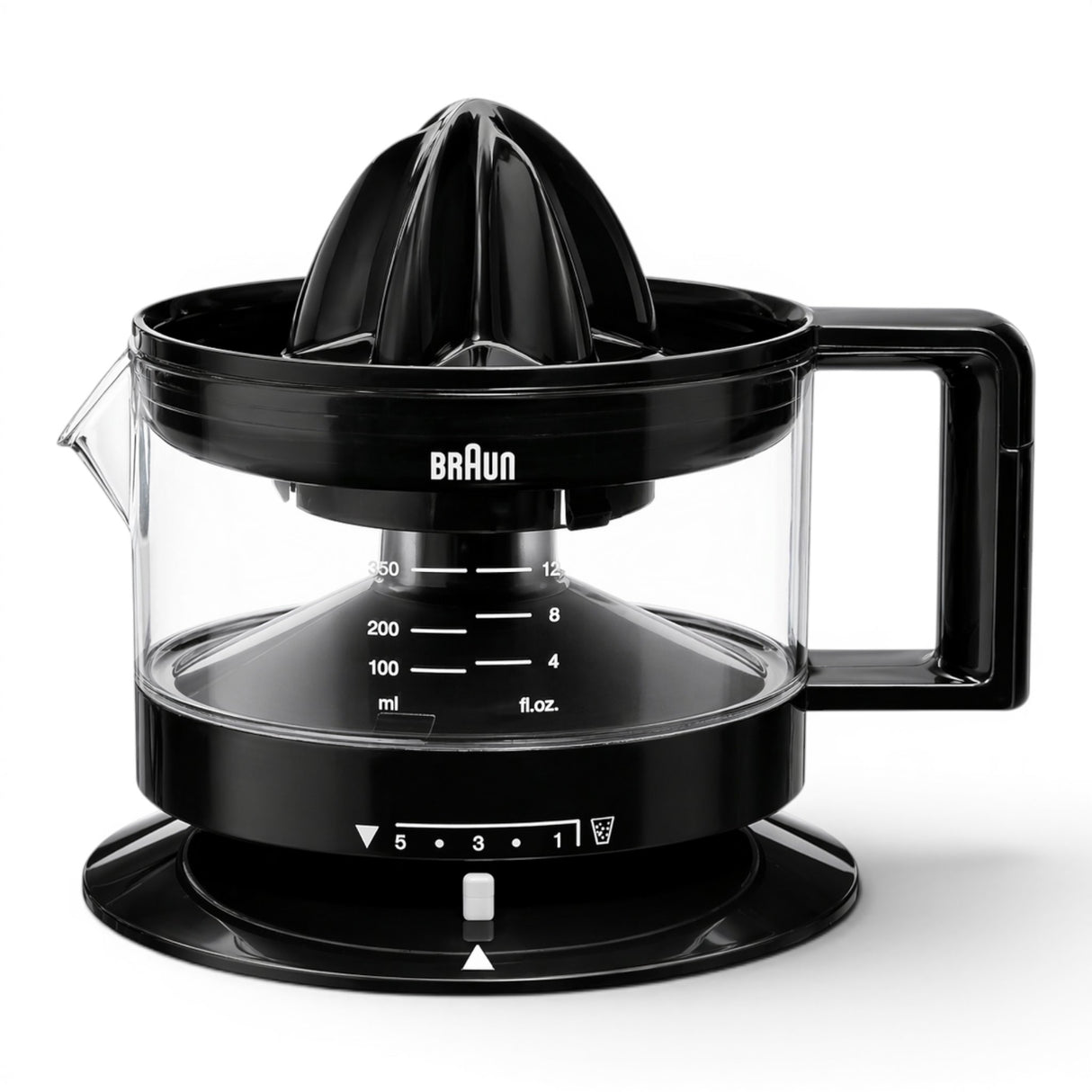 Taghareed Braun CitrusQuick 1 black electric citrus juicer with 400ml capacity and pulp control.