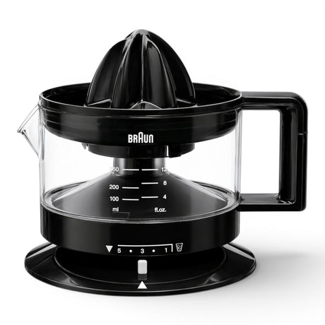 Taghareed Braun CitrusQuick 1 black electric citrus juicer with 400ml capacity and pulp control.
