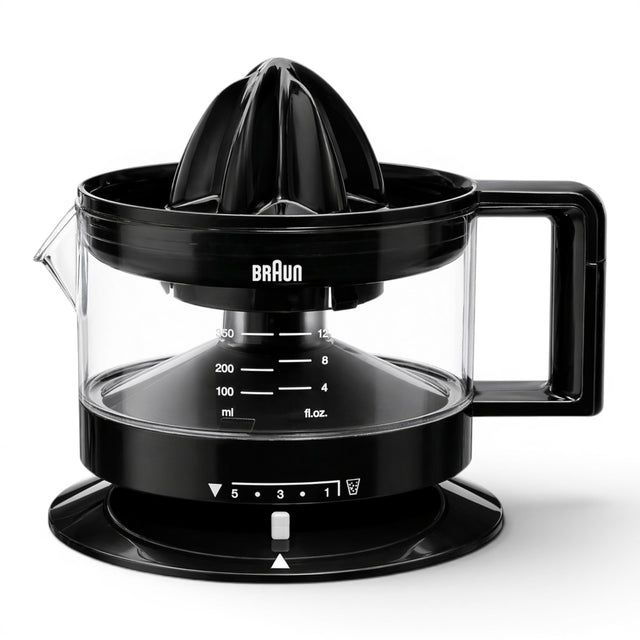 Taghareed Braun CitrusQuick 1 black electric citrus juicer with 400ml capacity and pulp control.