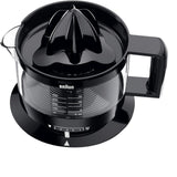 Taghareed Braun CitrusQuick 1 electric citrus juicer, black, with a 400ml capacity and pulp control settings.