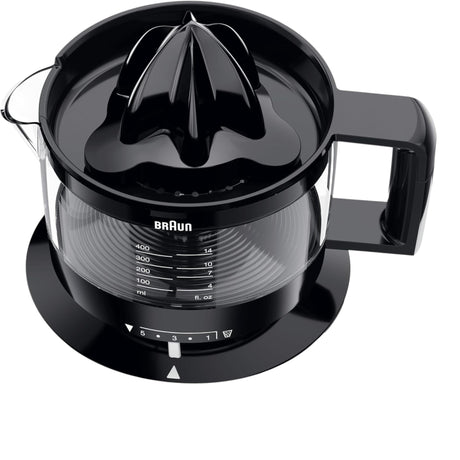 Taghareed Braun CitrusQuick 1 electric citrus juicer, black, with a 400ml capacity and pulp control settings.