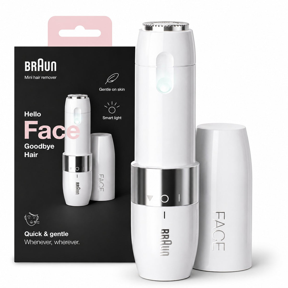 Taghareed Braun Face Mini Hair Remover FS1000, white, compact, portable, with smart light for gentle facial hair removal.