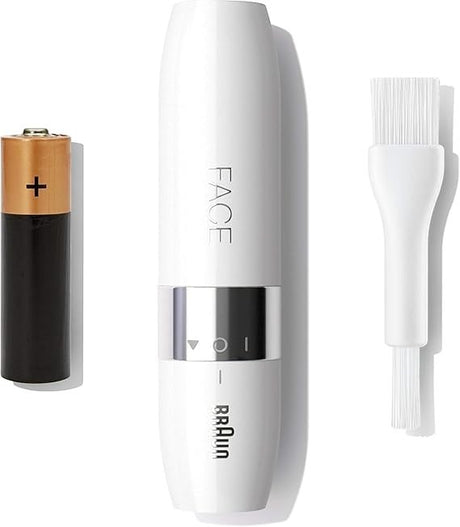 Taghareed Braun Face Mini Hair Remover FS1000, white, compact design, includes AA battery and cleaning brush.