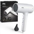 Taghareed Braun white 2100W hairdryer with ionic technology and concentrator nozzle for fast drying and reduced frizz.