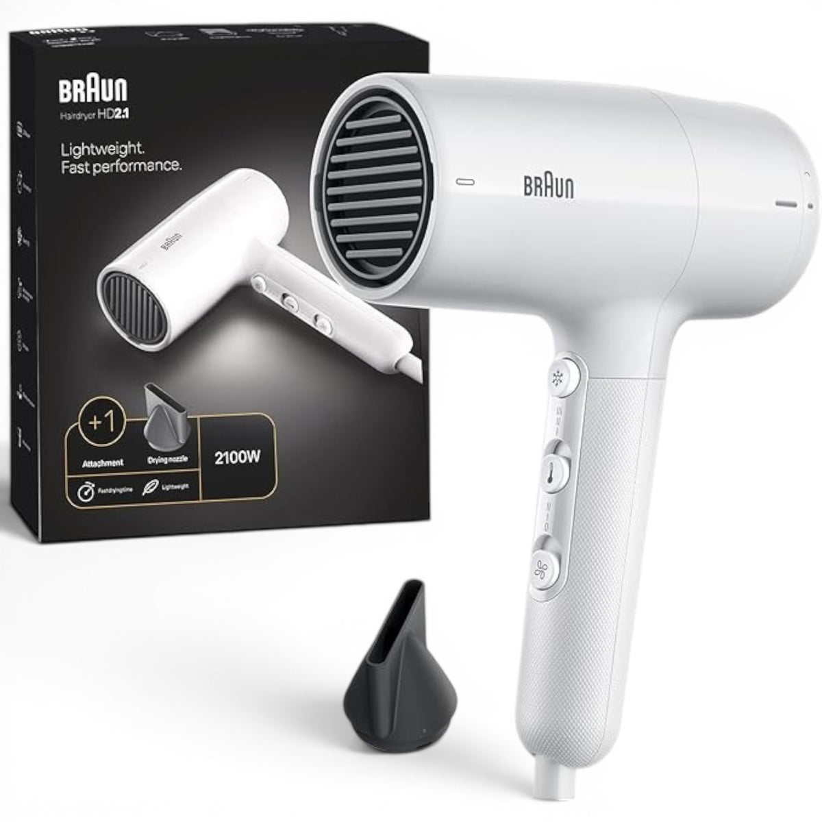 Taghareed Braun white 2100W hairdryer with ionic technology and concentrator nozzle for fast drying and reduced frizz.