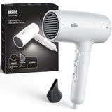 Taghareed Braun white 2100W hairdryer with ionic technology and concentrator nozzle for fast drying and reduced frizz.