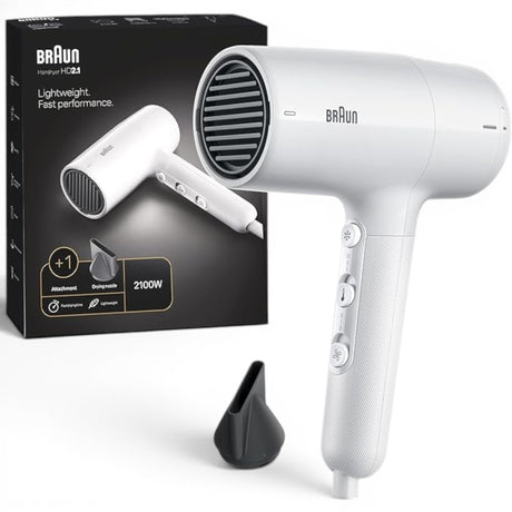 Taghareed Braun white 2100W hairdryer with ionic technology and concentrator nozzle for fast drying and reduced frizz.