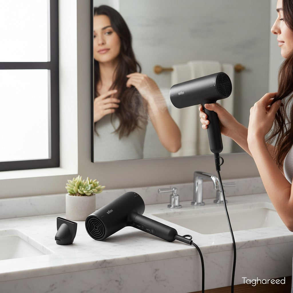 Taghareed Braun black 2100W hair dryer with IONTEC technology, 3 heat/speed settings, cool shot, and styling attachments.