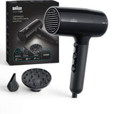 Taghareed Braun Hair Dryer HD2.2, black, 2200W, with ionic technology, concentrator, and diffuser attachments.