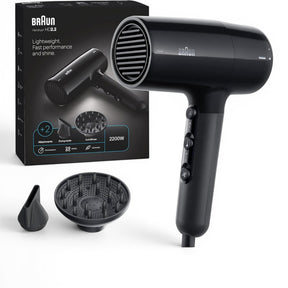 Taghareed Braun Hair Dryer HD2.2, black, 2200W, with ionic technology, concentrator, and diffuser attachments.