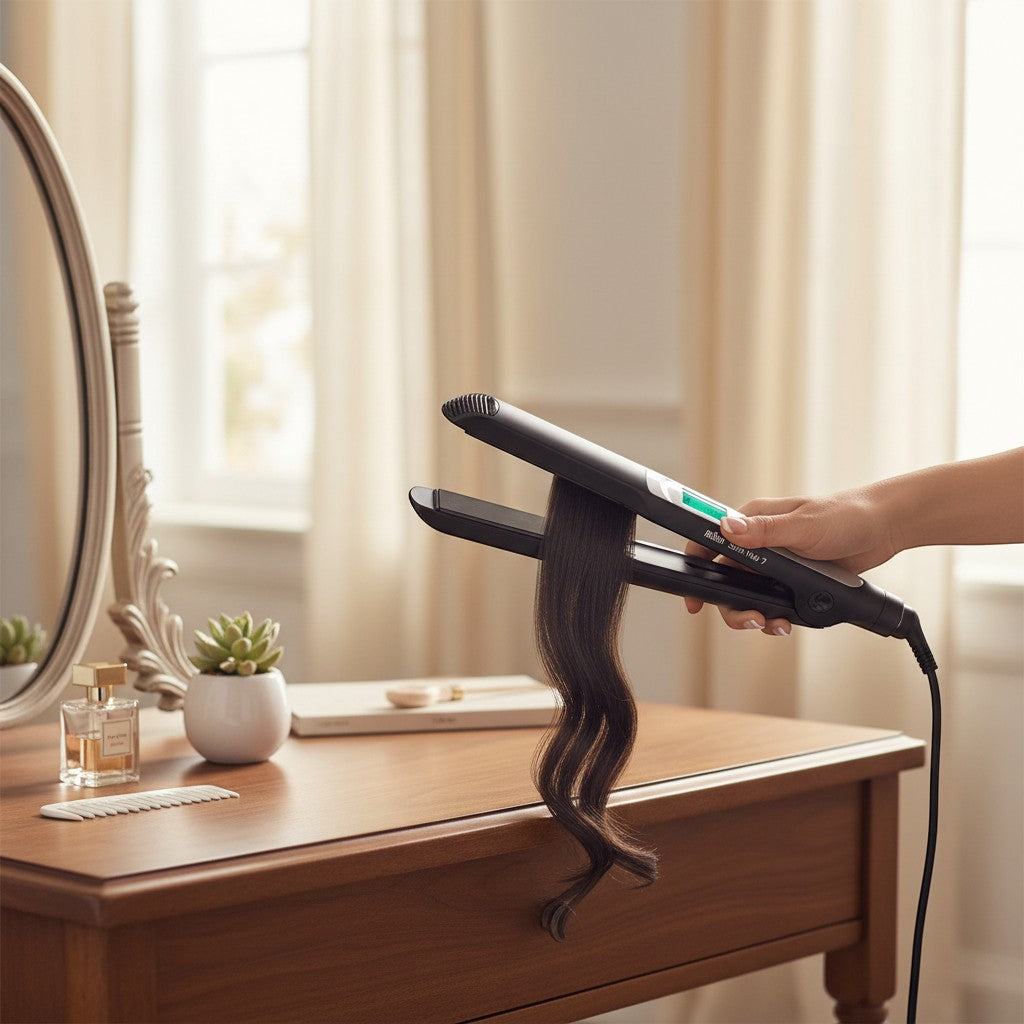 Taghareed Braun Satin Hair 7 IONTEC hair straightener with black ceramic plates, styling dark hair with a wavy effect.