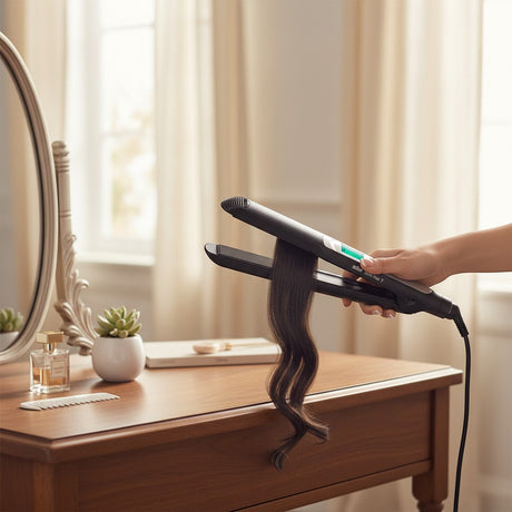 Taghareed Braun Satin Hair 7 IONTEC hair straightener with black ceramic plates, styling dark hair with a wavy effect.