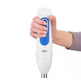 Taghareed Braun MultiQuick 3 hand blender in white with blue accents, featuring a soft grip handle and dual speed control buttons.