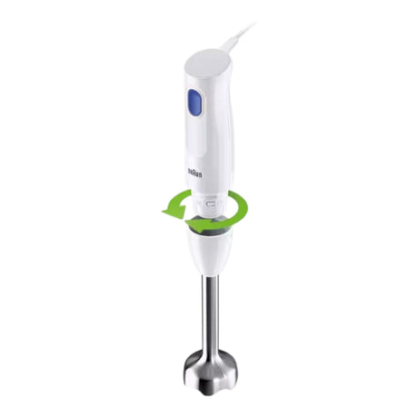 Taghareed Braun MultiQuick 1 hand blender in white with a blue button and stainless steel shaft. Features EasyTwist system.