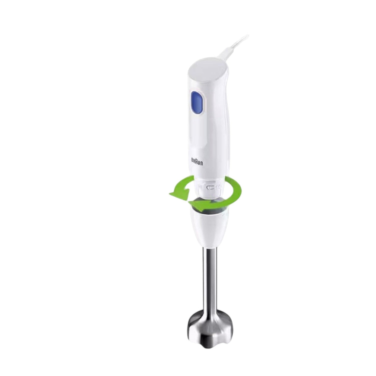 Taghareed Braun MultiQuick 1 hand blender in white with stainless steel blending foot and blue button. Features EasyClick system.