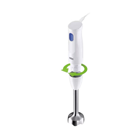 Taghareed Braun MultiQuick 1 hand blender in white with stainless steel blending foot and blue button. Features EasyClick system.