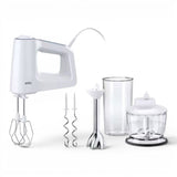 Taghareed Braun MultiMix 3 Hand Mixer HM3137WH, white, with whisk and dough hook attachments, beaker, and chopper accessory.
