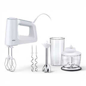 Taghareed Braun MultiMix 3 Hand Mixer HM3137WH, white, with whisk and dough hook attachments, beaker, and chopper accessory.