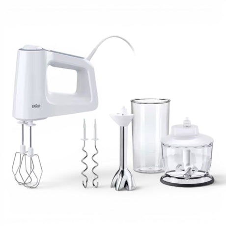 Taghareed Braun MultiMix 3 Hand Mixer HM3137WH, white, with whisk and dough hook attachments, beaker, and chopper accessory.