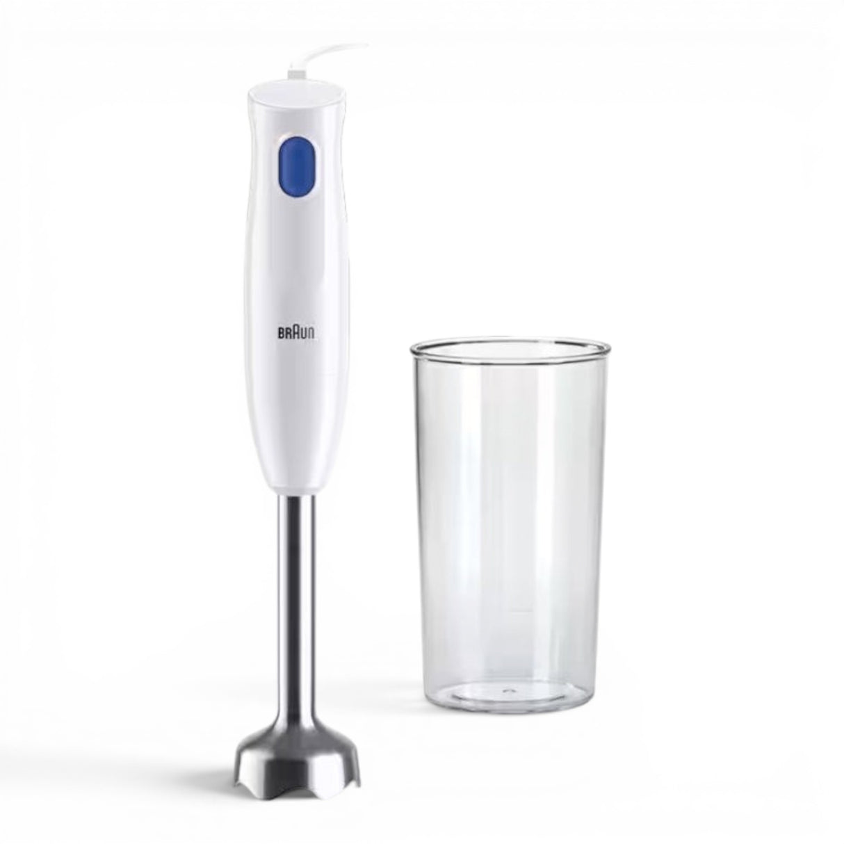 Taghareed white Braun MultiQuick 1 hand blender with blue button and stainless steel shaft, next to a clear plastic beaker.