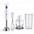 Taghareed Braun MultiQuick 1 hand blender in white with whisk, chopper, and beaker attachments. Features a blue button and stainless steel blending foot.
