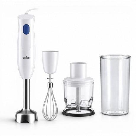 Taghareed Braun MultiQuick 1 hand blender in white with whisk, chopper, and beaker attachments. Features a blue button and stainless steel blending foot.