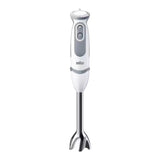 Taghareed Braun MultiQuick 5 hand blender in white and grey with 21 speeds and stainless steel blade. Ergonomic grip.