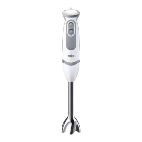 Taghareed Braun MultiQuick 5 hand blender in white and grey with 21 speeds and stainless steel blade. Ergonomic grip.